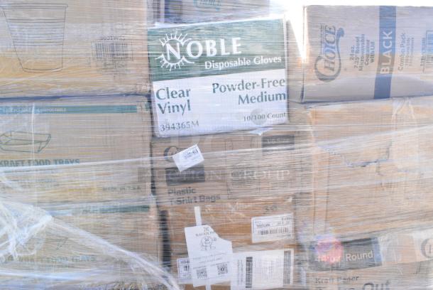 29 BRAND NEW IN BOX! Items Including 4 Box 394385L Noble Products White Powder-Free Disposable Latex Gloves for Foodservice - Large - 1000/Case, 2 Box 795KFT44PNPE Choice 44 oz. Round Kraft PE-Lined Microwavable Take-Out Container 7 5/16" x 2 5/8" - 300/Case, SBTGRL Dart TamperGuard Recessed Lid for Tamper-Resistant, Tamper-Evident Containers - 300/Case, Dart C90PST1 ClearSeal Hinged Lid Plastic Container 8 1/4" x 8 1/4" x 3" - 250/Case, 2 Box 395RP09PF EcoChoice No PFAS Added 9" Natural Bagasse Blend Plate - 500/Case, 2 Box 129MCR24B Choice 24 oz. Black Round Microwavable Heavy Weight Container with Lid 7 1/4" - 150/Case. 29 Times Your Bid! - Image 10 of 11
