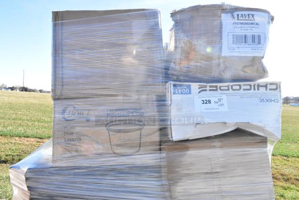 37 BRAND NEW IN BOX! Items Including 167MS002MCXL Lavex White 53 GSM Heavy Weight Microporous Polypropylene Zipper Front Long Sleeve Coveralls with Elastic Wrists and Ankles - XL - 25/Case, 127P100C Choice 1 oz. Clear Plastic Souffle Cup / Portion Cup - 2500/Case, 4 Box 433NHT006 Choice Extra Large Size Grey "Thank You" Medium-Duty Plastic T-Shirt Bag - 450/Case, 6 Box Chicopee 0041 Chix® SC 13" x 21" White Standard-Duty Foodservice Towel - 150/Case, 5008DWALLW Choice 8 oz. Tall White Smooth Double Wall Paper Hot Cup - 500/Case, 2 Box 50012DWALLC Choice 12 oz. Coffee Break Print Smooth Double 433NHT006Wall Paper Hot Cup - 500/Case. 37 Times Your Bid! - Image 2 of 12