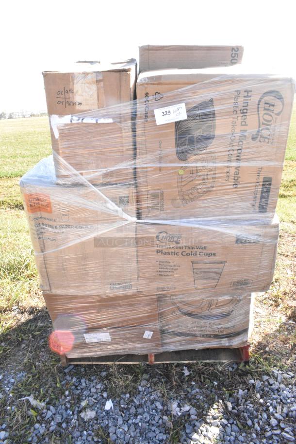 22 BRAND NEW IN BOX! Items Including 500TO993C3 Choice 9" x 9" x 3" Microwaveable 3-Compartment Black / Clear Plastic Hinged Container - 100/Case, 500TW7 Choice 7 oz. Translucent Thin Wall Plastic Cold Cup - 2500/Case, 129MCS38B Choice 38 oz. Black Rectangular Microwavable Heavy Weight Container with Lid 8 3/4" x 6 1/4" x 2" - 150/Case, 2 Box 612POB1LB Choice Oblong Clear Plastic Dome Lid for 1 lb. Foil Take-Out Container - 1000/Case, 50020CAFE Choice 20 oz. Café Print Poly Paper Hot Cup - 600/Case. 22 Times Your Bid! - Image 1 of 11