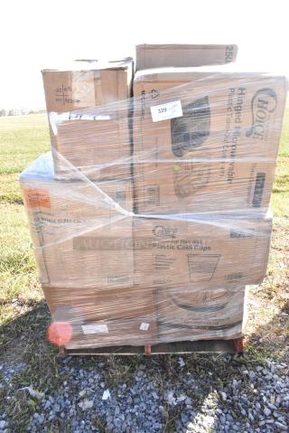 22 BRAND NEW IN BOX! Items Including 500TO993C3 Choice 9" x 9" x 3" Microwaveable 3-Compartment Black / Clear Plastic Hinged Container - 100/Case, 500TW7 Choice 7 oz. Translucent Thin Wall Plastic Cold Cup - 2500/Case, 129MCS38B Choice 38 oz. Black Rectangular Microwavable Heavy Weight Container with Lid 8 3/4" x 6 1/4" x 2" - 150/Case, 2 Box 612POB1LB Choice Oblong Clear Plastic Dome Lid for 1 lb. Foil Take-Out Container - 1000/Case, 50020CAFE Choice 20 oz. Café Print Poly Paper Hot Cup - 600/Case. 22 Times Your Bid!