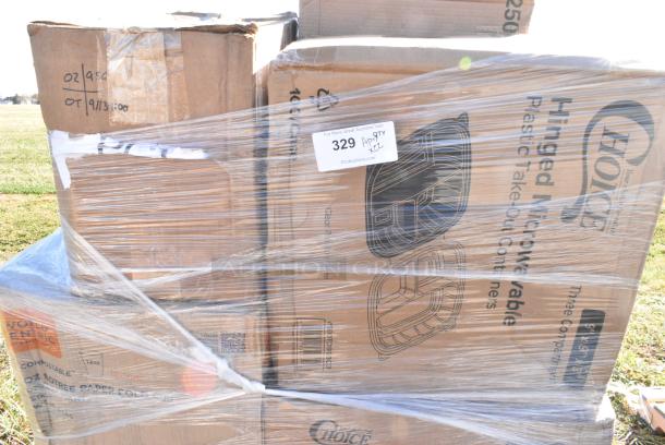 22 BRAND NEW IN BOX! Items Including 500TO993C3 Choice 9" x 9" x 3" Microwaveable 3-Compartment Black / Clear Plastic Hinged Container - 100/Case, 500TW7 Choice 7 oz. Translucent Thin Wall Plastic Cold Cup - 2500/Case, 129MCS38B Choice 38 oz. Black Rectangular Microwavable Heavy Weight Container with Lid 8 3/4" x 6 1/4" x 2" - 150/Case, 2 Box 612POB1LB Choice Oblong Clear Plastic Dome Lid for 1 lb. Foil Take-Out Container - 1000/Case, 50020CAFE Choice 20 oz. Café Print Poly Paper Hot Cup - 600/Case. 22 Times Your Bid! - Image 2 of 11