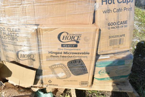 22 BRAND NEW IN BOX! Items Including 500TO993C3 Choice 9" x 9" x 3" Microwaveable 3-Compartment Black / Clear Plastic Hinged Container - 100/Case, 500TW7 Choice 7 oz. Translucent Thin Wall Plastic Cold Cup - 2500/Case, 129MCS38B Choice 38 oz. Black Rectangular Microwavable Heavy Weight Container with Lid 8 3/4" x 6 1/4" x 2" - 150/Case, 2 Box 612POB1LB Choice Oblong Clear Plastic Dome Lid for 1 lb. Foil Take-Out Container - 1000/Case, 50020CAFE Choice 20 oz. Café Print Poly Paper Hot Cup - 600/Case. 22 Times Your Bid! - Image 9 of 11