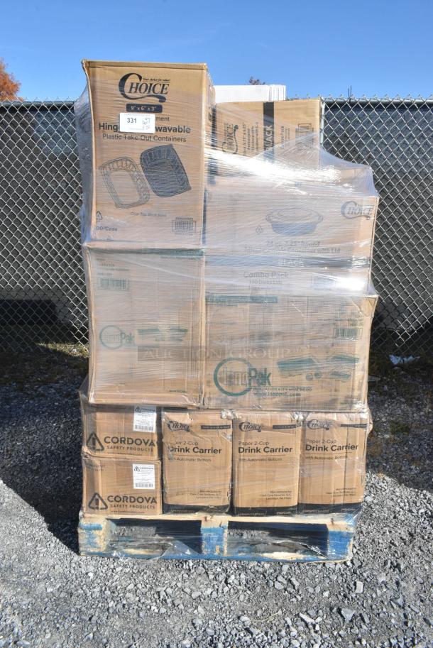 20 BRAND NEW IN BOX! Items Including 500TO963 Choice 9" x 6" x 3" Microwaveable 2-Compartment Black / Clear Plastic Hinged Container - 100/Case, 3 Box 485PCCUP232 Choice 2-Cup 12-32 oz. Drink Carrier with Handle - 250/Case, 50012W Choice 12 oz. White Poly Paper Hot Cup - 1000/Case, 245WEDGEPZZA Choice White Clay Coated Clamshell Pizza Slice Box - 400/Case, 3 Box 130WHKNIFEH Choice White Heavy Weight Polystyrene Plastic Knife - 1000/Case. 20 Times Your Bid! - Image 1 of 9