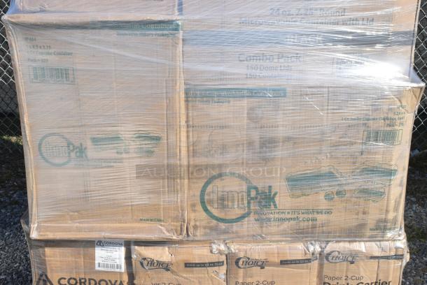 20 BRAND NEW IN BOX! Items Including 500TO963 Choice 9" x 6" x 3" Microwaveable 2-Compartment Black / Clear Plastic Hinged Container - 100/Case, 3 Box 485PCCUP232 Choice 2-Cup 12-32 oz. Drink Carrier with Handle - 250/Case, 50012W Choice 12 oz. White Poly Paper Hot Cup - 1000/Case, 245WEDGEPZZA Choice White Clay Coated Clamshell Pizza Slice Box - 400/Case, 3 Box 130WHKNIFEH Choice White Heavy Weight Polystyrene Plastic Knife - 1000/Case. 20 Times Your Bid! - Image 4 of 9