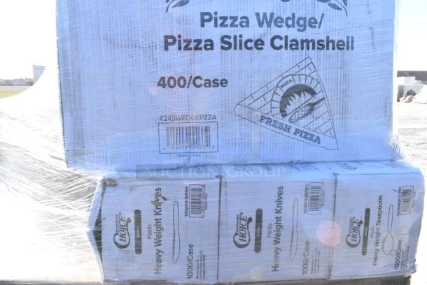 20 BRAND NEW IN BOX! Items Including 500TO963 Choice 9" x 6" x 3" Microwaveable 2-Compartment Black / Clear Plastic Hinged Container - 100/Case, 3 Box 485PCCUP232 Choice 2-Cup 12-32 oz. Drink Carrier with Handle - 250/Case, 50012W Choice 12 oz. White Poly Paper Hot Cup - 1000/Case, 245WEDGEPZZA Choice White Clay Coated Clamshell Pizza Slice Box - 400/Case, 3 Box 130WHKNIFEH Choice White Heavy Weight Polystyrene Plastic Knife - 1000/Case. 20 Times Your Bid! - Image 9 of 9