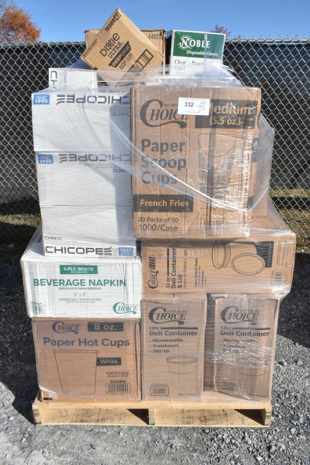 29 BRAND NEW IN BOX! Items Including 2 Box 127RD12BULK Choice 12 oz. Customizable Microwavable Translucent Round Deli Container - 500/Case, 5008W Choice 8 oz. Tall White Poly Paper Hot Cup - 1000/Case, 50018NAP Napkins, 5 Box Chicopee 0041 Chix® SC 13" x 21" White Standard-Duty Foodservice Towel - 150/Case. 29 Times Your Bid! - Image 1 of 11