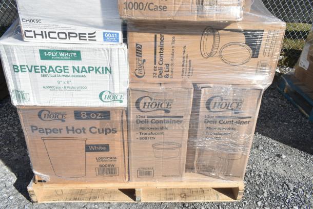 29 BRAND NEW IN BOX! Items Including 2 Box 127RD12BULK Choice 12 oz. Customizable Microwavable Translucent Round Deli Container - 500/Case, 5008W Choice 8 oz. Tall White Poly Paper Hot Cup - 1000/Case, 50018NAP Napkins, 5 Box Chicopee 0041 Chix® SC 13" x 21" White Standard-Duty Foodservice Towel - 150/Case. 29 Times Your Bid! - Image 2 of 11