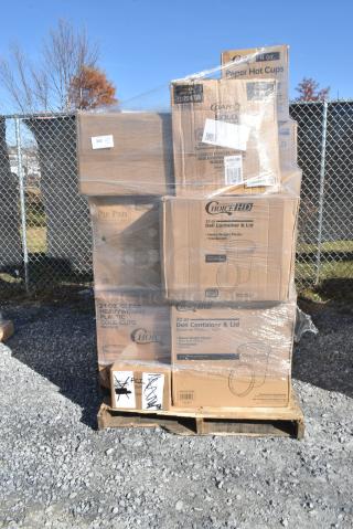 27 BRAND NEW IN BOX! Items Including 3 Box 128HD32COMBO Choice Heavy Duty Deli Container and Lid, 2 Box 5004W Choice 4 oz. White Poly Paper Hot Cup - 1000/Case, 2 Box Lavex Hardwound Paper Towels. 27 Times Your Bid!
