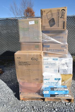 24 BRAND NEW IN BOX! Items Including 500TO883 Choice 8" x 8" x 3" Microwaveable 3-Compartment Black / Clear Plastic Hinged Container - 100/Case, 4 Box 500CFT Lavex C Fold Towels, 760SOUP8KPA Choice 8 oz. Kraft Paper food Cup with Lid. 24 Times Your Bid!