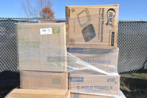 24 BRAND NEW IN BOX! Items Including 500TO883 Choice 8" x 8" x 3" Microwaveable 3-Compartment Black / Clear Plastic Hinged Container - 100/Case, 4 Box 500CFT Lavex C Fold Towels, 760SOUP8KPA Choice 8 oz. Kraft Paper food Cup with Lid. 24 Times Your Bid! - Image 2 of 11