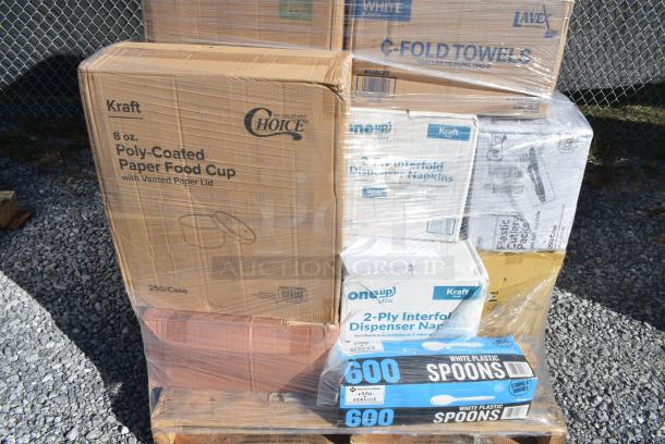 24 BRAND NEW IN BOX! Items Including 500TO883 Choice 8" x 8" x 3" Microwaveable 3-Compartment Black / Clear Plastic Hinged Container - 100/Case, 4 Box 500CFT Lavex C Fold Towels, 760SOUP8KPA Choice 8 oz. Kraft Paper food Cup with Lid. 24 Times Your Bid! - Image 3 of 11