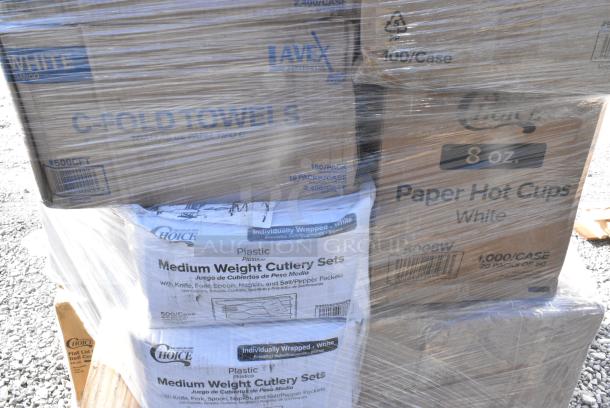 24 BRAND NEW IN BOX! Items Including 500TO883 Choice 8" x 8" x 3" Microwaveable 3-Compartment Black / Clear Plastic Hinged Container - 100/Case, 4 Box 500CFT Lavex C Fold Towels, 760SOUP8KPA Choice 8 oz. Kraft Paper food Cup with Lid. 24 Times Your Bid! - Image 7 of 11