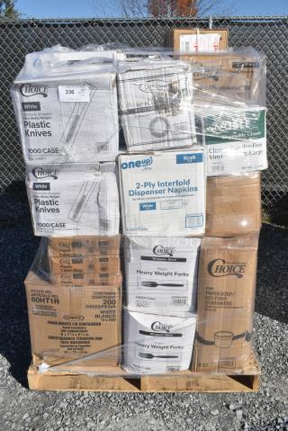 34 BRAND NEW IN BOX! items Including 4 Box 130WHKNIFEWX Choice White Extra Heavy Weight Wrapped Plastic Knife - 1000/Case, 966UPWIDEKFT-500 OneUp by Choice Kraft 2-Ply Wide Interfold 6 1/2" x 8 1/2" Dispenser Napkin - 6000/Case, 6 Box 130WBKFORKH Choice Black Heavy Weight Wrapped Plastic Fork - 1000/Case, 3 Box Choice Steam Table Pan Lids, CKC13575CL CakePAK Lids. 34 Times Your Bid!