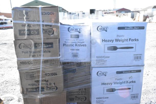 34 BRAND NEW IN BOX! items Including 4 Box 130WHKNIFEWX Choice White Extra Heavy Weight Wrapped Plastic Knife - 1000/Case, 966UPWIDEKFT-500 OneUp by Choice Kraft 2-Ply Wide Interfold 6 1/2" x 8 1/2" Dispenser Napkin - 6000/Case, 6 Box 130WBKFORKH Choice Black Heavy Weight Wrapped Plastic Fork - 1000/Case, 3 Box Choice Steam Table Pan Lids, CKC13575CL CakePAK Lids. 34 Times Your Bid! - Image 6 of 9