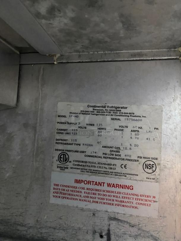 Continental Commercial Half Door Reach In Freezer! All Stainless Steel! With Poly Coated Rack!  On Casters! 115V 1 Phase! Model: 1F-HD SN: 15756608! Working When Removed! - Image 6 of 9