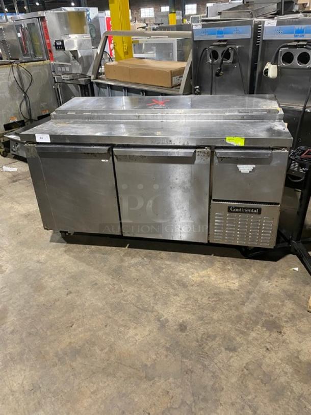 Continental Commercial Refrigerated Mega Top Pizza Prep Table! With 3 Door Refrigerated Storage Underneath! All Stainless Steel! With Poly Coated Rack! On Casters! 115V 1 Phase! Model: CPA68 SN: 15755497! Working When Removed! - Image 1 of 9