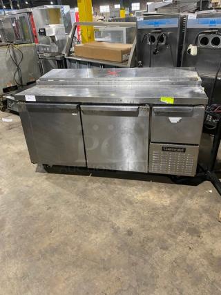 Continental Commercial Refrigerated Mega Top Pizza Prep Table! With 3 Door Refrigerated Storage Underneath! All Stainless Steel! With Poly Coated Rack! On Casters! 115V 1 Phase! Model: CPA68 SN: 15755497! Working When Removed!