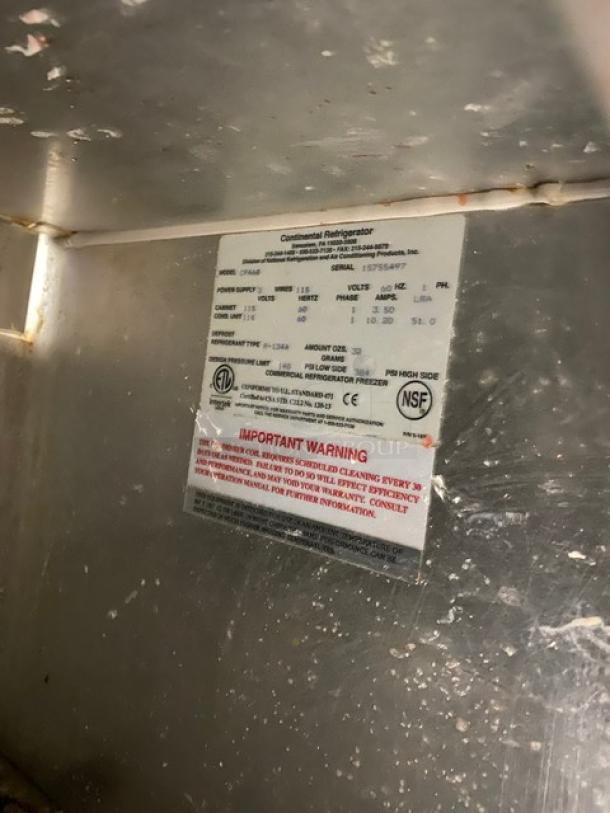 Continental Commercial Refrigerated Mega Top Pizza Prep Table! With 3 Door Refrigerated Storage Underneath! All Stainless Steel! With Poly Coated Rack! On Casters! 115V 1 Phase! Model: CPA68 SN: 15755497! Working When Removed! - Image 7 of 9