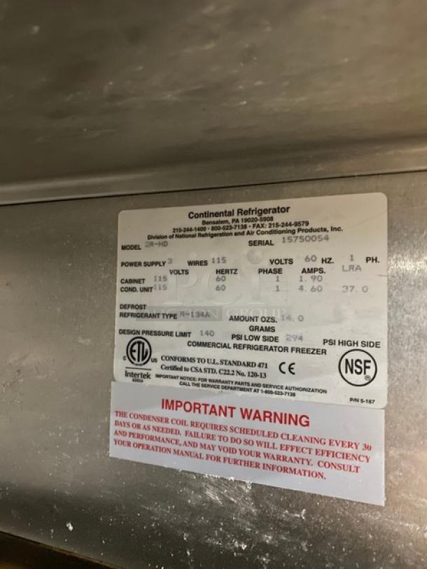 Continental Commercial Double Half Door Reach In Refrigerator! With Built In Pan Racks! All Stainless Steel!  On Casters! 115V 1 Phase! Model: 2R-HD SN: 15750054! Working When Removed! - Image 8 of 9