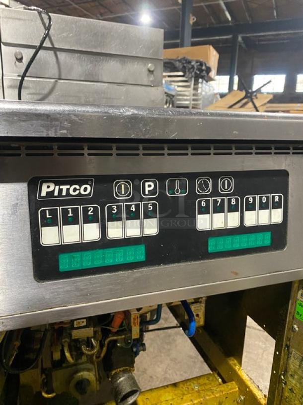 Pitco Solstice Supreme Series Commercial Natural Gas Powered Floor Style Double Bay Deep Fat Fryer!  With Backsplash! All Stainless Steel! On Casters! 115V! Model: SSH75 SN: G1CB091291! Working When Removed! - Image 11 of 13