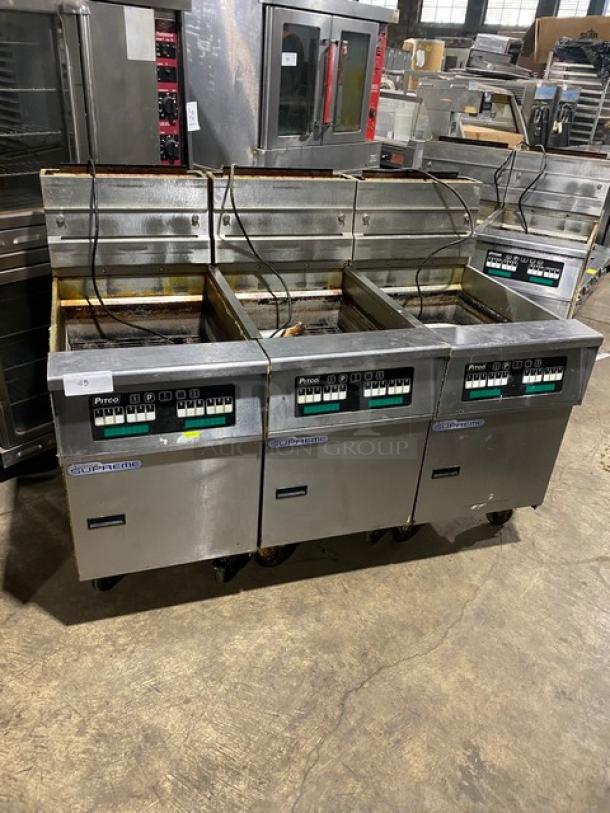 Pitco Solstice Supreme Series Commercial Natural Gas Powered Floor Style Triple Bay Deep Fat Fryer! With Backsplash! All Stainless Steel! On Casters! 115V! Model: SSH75 SN: G18CB091288! Working When Removed! - Image 1 of 12