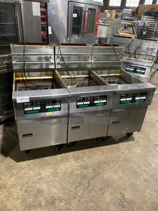Pitco Solstice Supreme Series Commercial Natural Gas Powered Floor Style Triple Bay Deep Fat Fryer! With Backsplash! All Stainless Steel! On Casters! 115V! Model: SSH75 SN: G18CB091288! Working When Removed!