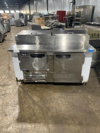 Leader Commercial Refrigerated  Pizza Prep Table! With 2 Door Refrigerated Storage Underneath! All Stainless Steel! With Poly Coated Rack! On Casters! 115V 1 Phase! Model: ESPT60 SN: NA05M2416! Working When Removed!