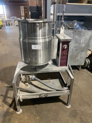 Southbend Commercial 10 Gallon Steam Kettle! With Manual Tilt! With Faucet Attachment! All Stainless Steel! On Stand With Storage Shelf! 208V 1 Phase! Model: KECT-10 SN: 81501-3FF-0871!
