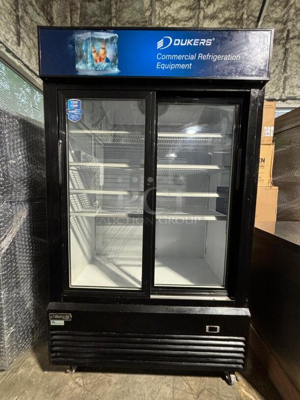 Dukers DSM-40SR Commercial Glass Sliding 2-Door Merchandiser Refrigerator in Black - Image 1 of 6
