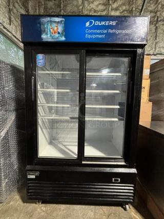 Dukers DSM-40SR Commercial Glass Sliding 2-Door Merchandiser Refrigerator in Black