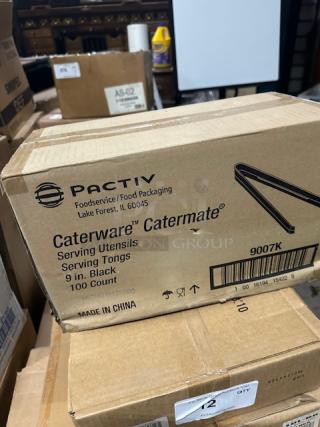 One Case Of 100 NEW Pactiv 9 Inch Black Poly Serving Tongs.