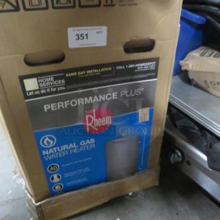 One NEW 40 Gallon Rheem Natural Gas Water Heater.