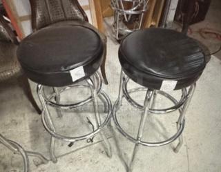 Double Chrome Ring Bar Stool With Black Cushioned Swivel Seat. Need To Be Recovered. 2XBID