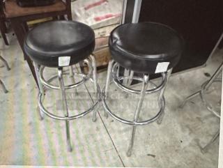 Double Chrome Ring Bar Stool With Black Cushioned Swivel Seat. Need To Be Recovered. 2XBID