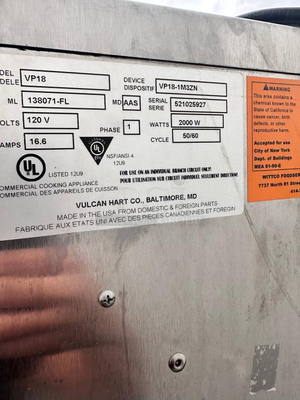 Excellent Condition Vulcan VP18 Full Size Holding / Proofing Cabinet - 120V Tested and Working! - Image 9 of 10