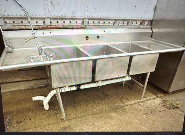 One 3 Compartment Sink With R/L Drain Board, Faucet And Hose Sprayer. Sink-20X12, 104X34X44. - Image 1 of 3