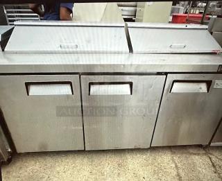 One Supra 3 Door Refrigerated Pizza Prep Table On Casters. Model# SSPT3R-1. 115 Volt. 72.5X30X43.5.