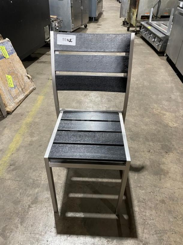 Brand New! Black Teak Slats Dining Chairs! With Brushed Aluminum Welded Frame! Suitable For Indoor & Outdoor Use! 2X Your Bid! - Image 1 of 7