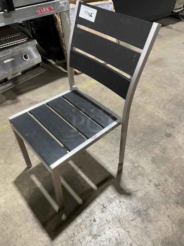 Brand New! Black Teak Slats Dining Chairs! With Brushed Aluminum Welded Frame! Suitable For Indoor & Outdoor Use! 2X Your Bid! - Image 2 of 7