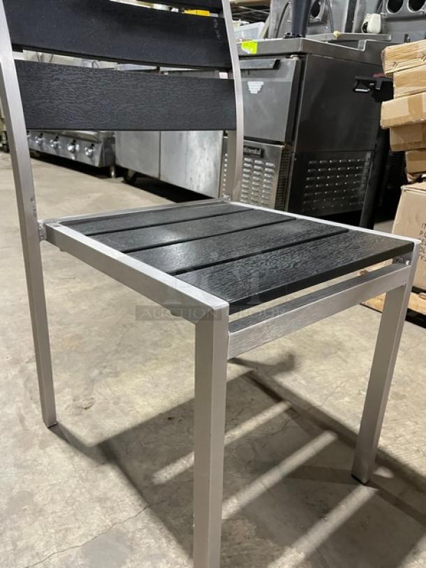Brand New! Black Teak Slats Dining Chairs! With Brushed Aluminum Welded Frame! Suitable For Indoor & Outdoor Use! 2X Your Bid! - Image 7 of 7