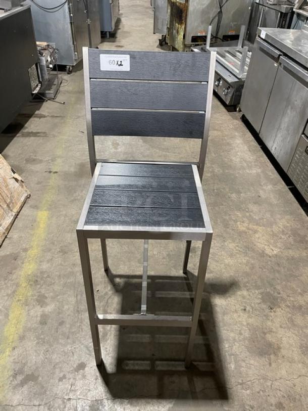 Brand New! Black Teak Slats Dining Chairs! With Brushed Aluminum Welded Frame! Suitable For Indoor & Outdoor Use! 2X Your Bid! - Image 1 of 7