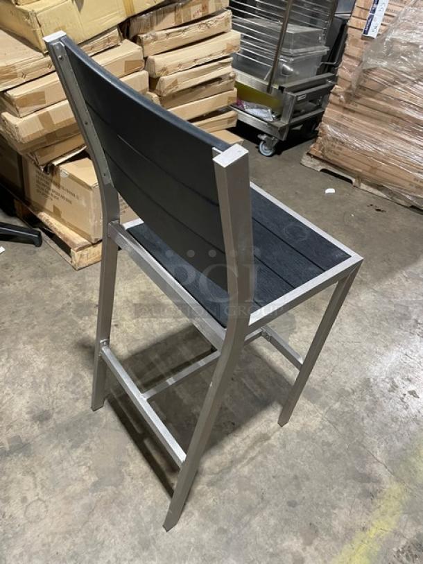 Brand New! Black Teak Slats Dining Chairs! With Brushed Aluminum Welded Frame! Suitable For Indoor & Outdoor Use! 2X Your Bid! - Image 4 of 7