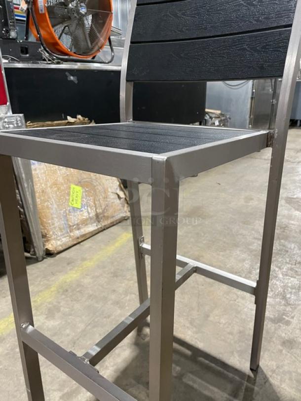 Brand New! Black Teak Slats Dining Chairs! With Brushed Aluminum Welded Frame! Suitable For Indoor & Outdoor Use! 2X Your Bid! - Image 6 of 7