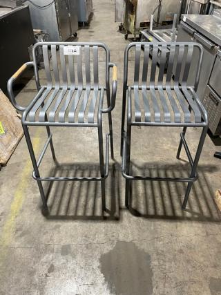 Brand New! Soft Gray Vertical Slat Powder Coated Aluminum Stackable Counter & Bar Stools! Suitable For Indoor & Outdoor Use! 2X Your Bid!