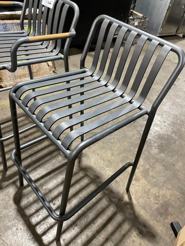 Brand New! Soft Gray Vertical Slat Powder Coated Aluminum Stackable Counter & Bar Stools! Suitable For Indoor & Outdoor Use! 2X Your Bid! - Image 2 of 7