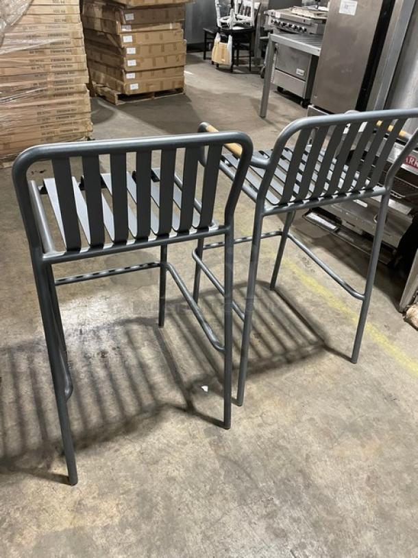 Brand New! Soft Gray Vertical Slat Powder Coated Aluminum Stackable Counter & Bar Stools! Suitable For Indoor & Outdoor Use! 2X Your Bid! - Image 3 of 7