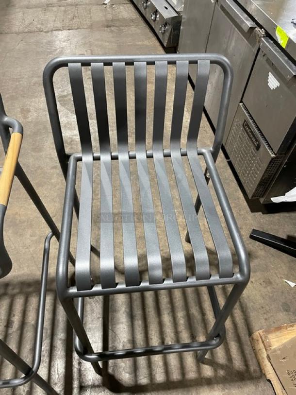 Brand New! Soft Gray Vertical Slat Powder Coated Aluminum Stackable Counter & Bar Stools! Suitable For Indoor & Outdoor Use! 2X Your Bid! - Image 6 of 7