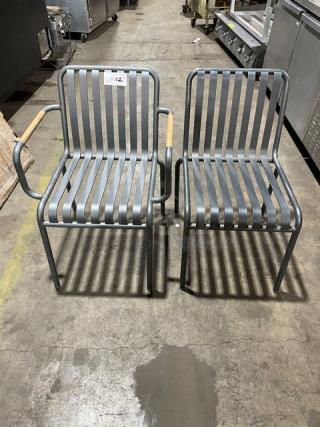 Brand New! Soft Gray Vertical Slat Powder Coated Aluminum Stackable Dining Chairs! Suitable For Indoor & Outdoor Use! 2X Your Bid!