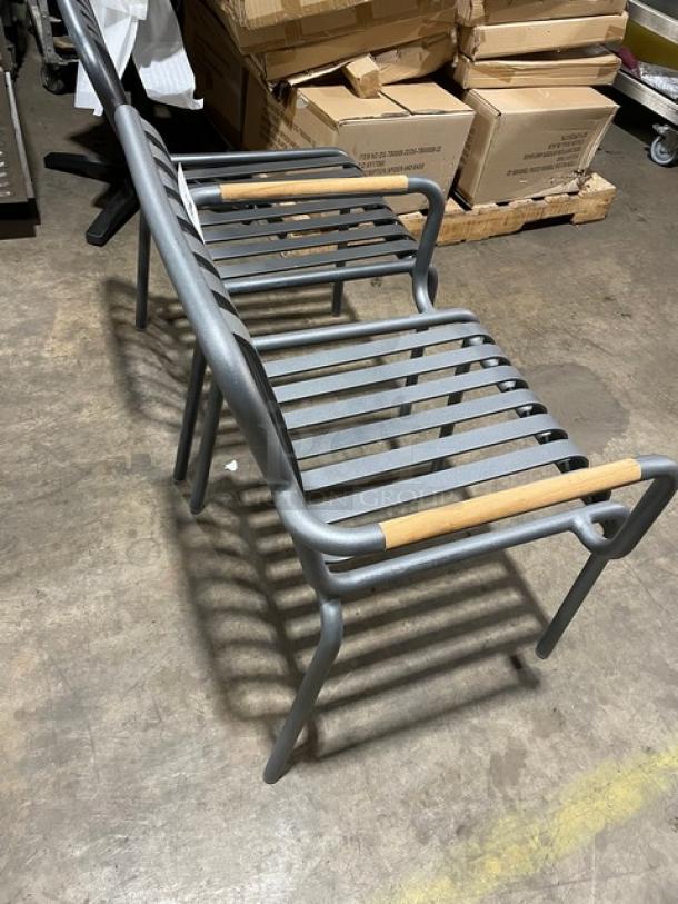 Brand New! Soft Gray Vertical Slat Powder Coated Aluminum Stackable Dining Chairs! Suitable For Indoor & Outdoor Use! 2X Your Bid! - Image 4 of 7