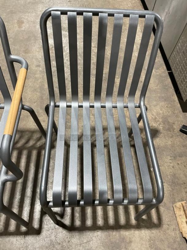 Brand New! Soft Gray Vertical Slat Powder Coated Aluminum Stackable Dining Chairs! Suitable For Indoor & Outdoor Use! 2X Your Bid! - Image 6 of 7